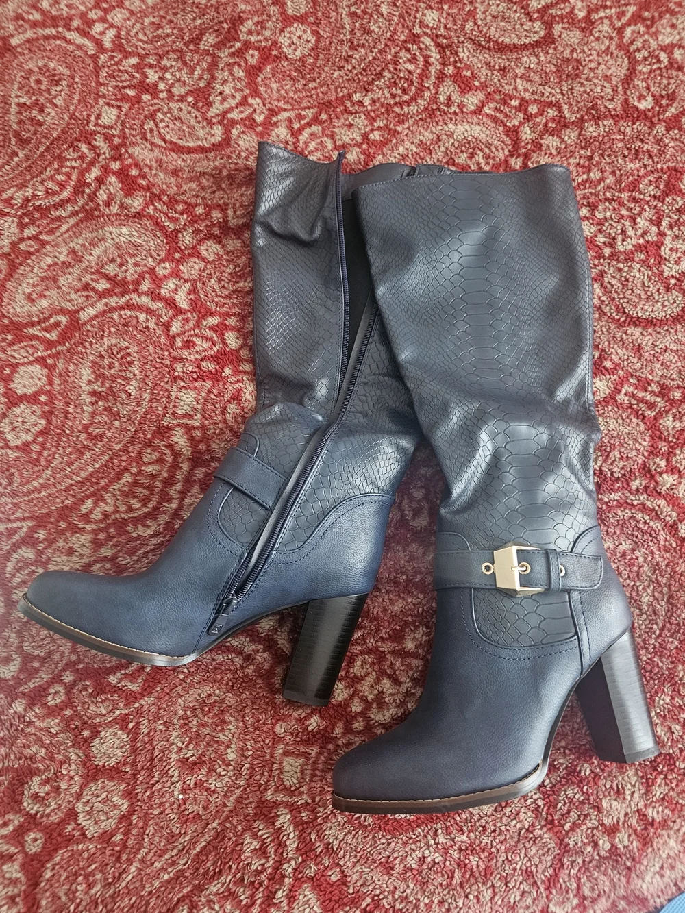 Women's Tall Navy Heeled Boots with Buckle Accent